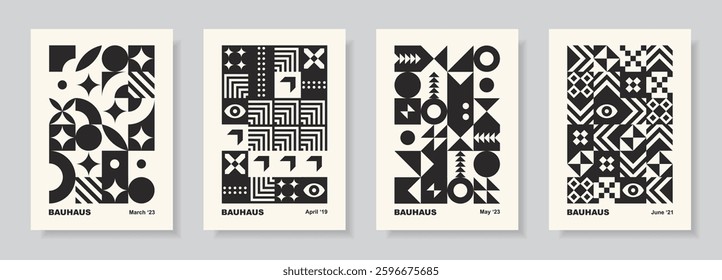 Cards in retro minimal flat style. Bauhaus poster set. Abstract monochrome designs with simple geometric shapes. Black and white seamless pattern collection.Vector illustration.