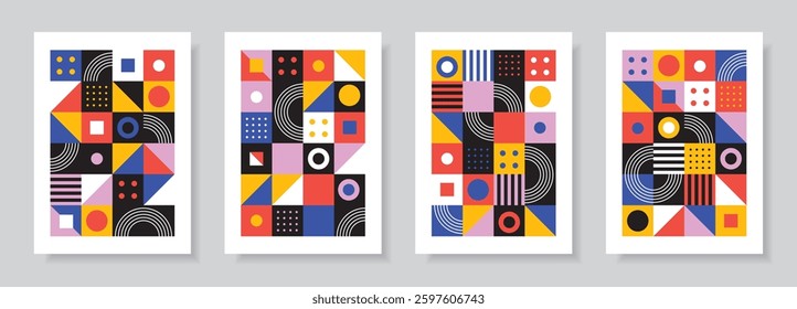 Cards in retro minimal flat style. Bauhaus poster set. Abstract colorful designs with simple geometric shapes. Seamless pattern collection.Vector illustration.