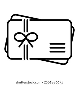 Cards with ribbons, representing vouchers and gift cards, symbolizing rewards, promotions, and special offers round line vector icon with editable stroke