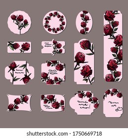 Cards with roses on a brown background, business cards and congratulation templates, cartoon style, puffy roses, rose pattern, invitations, holiday, wedding, romance, love, summer, bloom, floristry