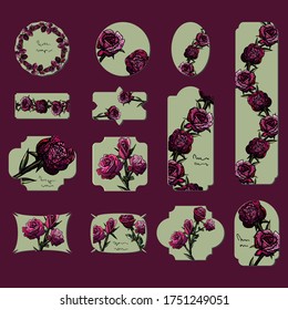 Cards from roses on a brown background, business cards and congratulation templates, cartoon style, congratulations, holidays, floristry, wedding, birthday, bud, purple and pink roses, flower ornament