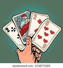 Karten mit dem Weihnachtsmann zu Neujahr und Weihnachten. Spielen Sie im Winter eine Trumpfkarte aus Ihrer Hand. Hand mit Karten und einem Symbol des Neujahrsfestes. Comic Cartoon Pop Art Retro Vektorgrafik