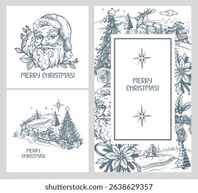 Cards with Santa and other Christmas elements in toile style isolated. Vector.