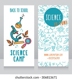 cards for science camp, back to school icons, vector illustration