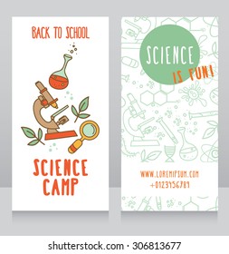 cards for science camp, back to school icons, vector illustration