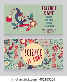Karten für Wissenschaftslager, Wissenschaftssymbole mit hellem doodlem Hintergrund, Vektorgrafik