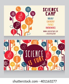 cards for science camp, bright doodle science icons, vector illustration