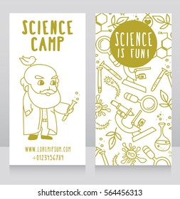 cards for science camp, cute professor and science icons, vector illustration