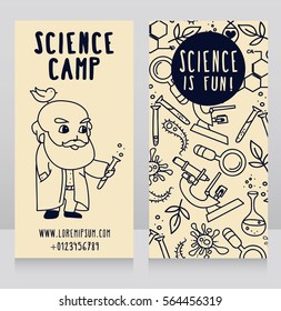 cards for science camp, cute professor and science icons, vector illustration