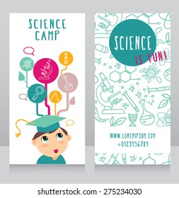 cards for science camp, smart kid in mortar board and science icons, vector illustration