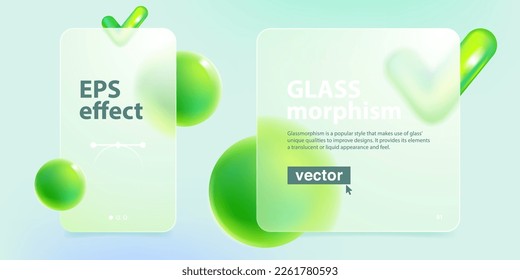 Cards screens in glassmorphism effect with checkmark icon and green sphere. Eco-friendly 3d isolated tick logo. Vector emblem for nature app, antivirus identity, protection banner, checklist design.