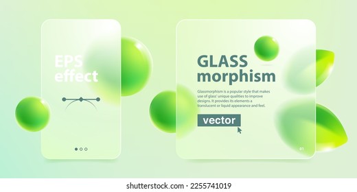 Cards screens in glassmorphism effect. Eco friendly template. Matte glass with blurred floating green leaves and spheres. Vector for nature app, agriculture identity, summer banner, organic design.