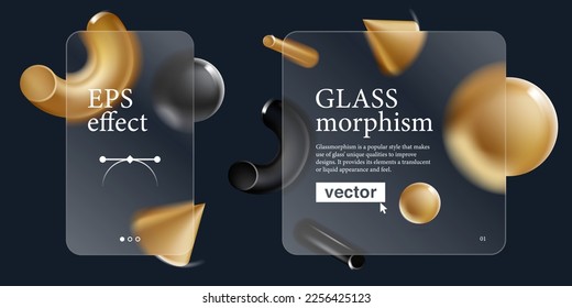 Cards screens in glassmorphism effect. Illustration with blurred floating golden shapes on dark background. Perfect rich design for glamour app, fashion banner, luxury ad, jewelry presentation.