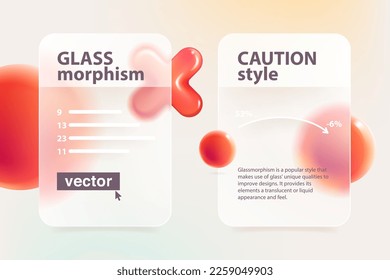 Cards screens in glassmorphism effect with red rejection logo. Transparent glass 3D red cross, no, error, block, disapprove, cancel, prohibition, wrong choice, negative, deny icons. Vector UI element.