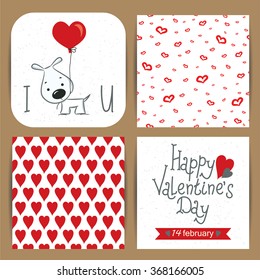 Cards and seamless patterns with dog and hearts for Valentine's Day.