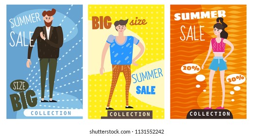 Cards for selling clothes, different sizes, characters for men and women, large-scale clothing, modern style graphics, posters, banners, advertising, vector, isolated