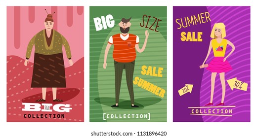 Cards for selling clothes, different sizes, characters for men and women, large-scale clothing, modern style graphics, posters, banners, advertising, vector, isolated