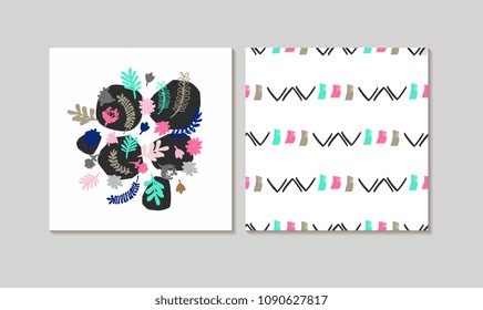 Cards Set  with Abstract Geometry Brash Background and Beautiful Blooming Bouquet  Design