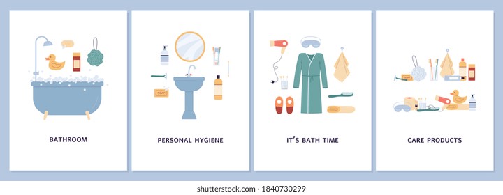 Cards set for bathroom hygiene and body care products, flat vector illustration isolated on white background. Promotion posters design for social media or mobile app.