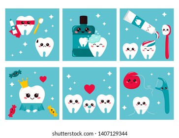 Cards set of dental hygiene for kids. Cute kawaii cartoon characters - teeth, toothbrush, toothpaste, dental floss. Vector illustration.