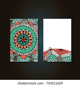 Cards set with flower mandala in hand drawn style. For web, shop, creative design. Vector illustration.