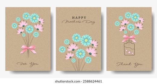 
Cards Set with Flowers, Jar and 3D Bow on Kraft Paper. Spring or Summer Cards with Bouquet on Cardboard Background. Brown Kraft Sheet Texture. Template with Floral on Vintage Parchment Background.