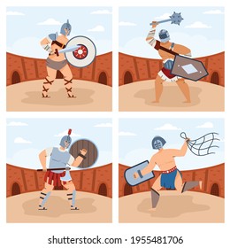 Cards set with gladiators armed with various weapon cartoon vector illustration.
