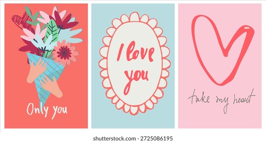 Cards set hand drawn like a sketch. Vector element for greeting card, social media post. Love, Romance, Valentines Day concept