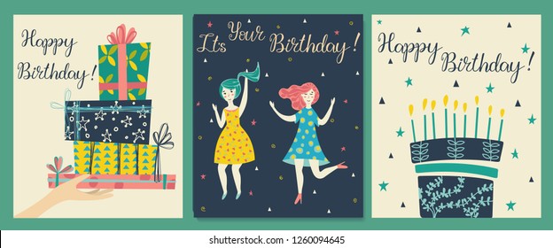 Cards set. Hand with gifts and wishes of happiness. Two girls dance in dresses at the birthday party. Birthday cake with candles and congratulations lettering.
