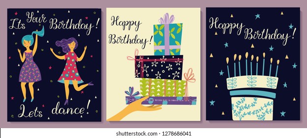 Cards set. Hand with gifts and wishes of happiness. Two girls dance in dresses at the birthday party. Birthday cake with candles and congratulations lettering.