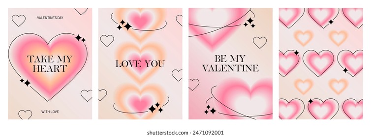 Cards set with Heart, Love, Valentine's Day. Trendy aesthetic cards with aura gradients, blurred heart shapes, elegant typography. Happy Valentine's Day. Print, poster, social media, template. Vector