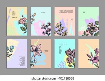 Cards Set with Herbs and Flowers. Botanical Vector Illustration. Engraving Retro Style for Placards, Posters, Invitations and Brochures Design