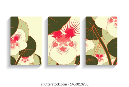cards set with jungle flowers in green red shades