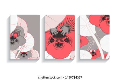 cards set with jungle flowers in silver red shades