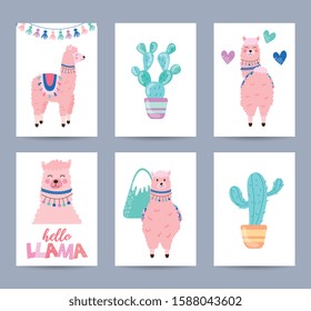 cards set with llama and cactus design. vector illustration