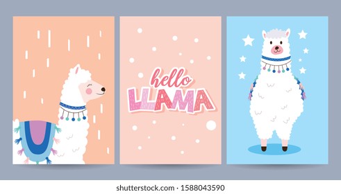 cards set with llamas design. hello llama. vector illustration