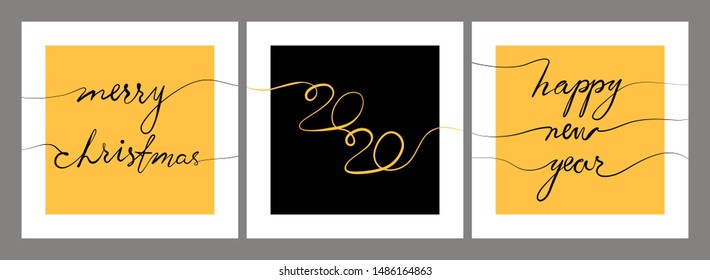 Cards set Merry Christmas and Happy New Year 2020. Hand drawn lettering. Calligraphic script. Xmas. Happy New Year card design. Black and gold colors. Greeting card, invitation or poster. Vector.