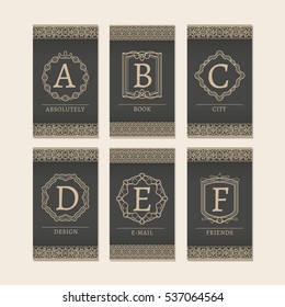 Cards set with monogram logos and borders. Letters A-F vector illustration.