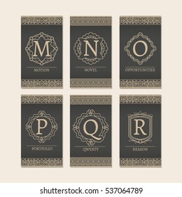 Cards set with monogram logos and borders. Letters M-R vector illustration.