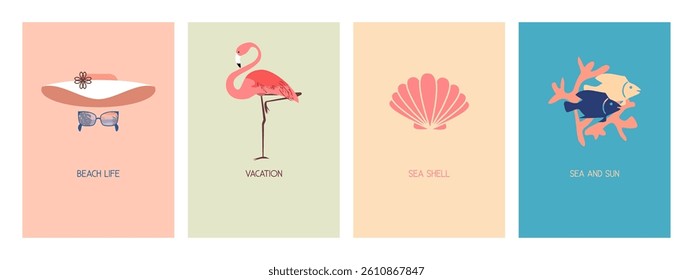 Cards set with summer vacation symbols. Vector design.