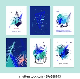 Cards Set of Tropical elements with crystals. Vector card with exotic flowers and palm leaves, tropical print version set. It motivates text.