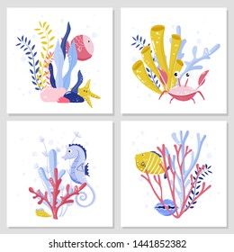 Cards set with underwater sea animals, creatures, plants, seaweeds, crab, seahorse, fishes, shells. Vector illustration. 