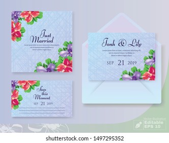 Cards Set with Wedding Blossom Flowers Composition Decor in Corners and Invitation or Advertising Text on Grid Pastel Blue Backdrop. Envelop for Invite Postcard. Vector Illustration Editable EPS 10