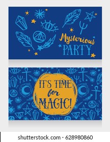 cards with sketch magic symbols, vector illustrations