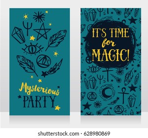 cards with sketch magic symbols, vector illustrations