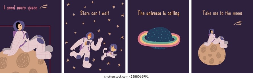 Cards with space, astronauts, stars, planets, moon. Woman, man and dog in the open space. Quotes about space and galaxy
