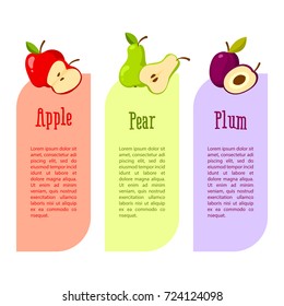 Cards with space for your text. fruits benefits. Red apple, pear and plum. Vector illustration