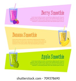 Cards with space for your text. Smoothies benefits. Apple, banana and berries