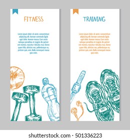 Cards with sport and fitness hand drawn items. Templates with place for text. Healthy lifestyle concept.