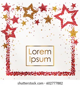 Cards with stars and frame from red and gold sparkles, glitter and space for text on white background. Vector illustration. Elements for banner, design, logo, web, invitation, business, party.